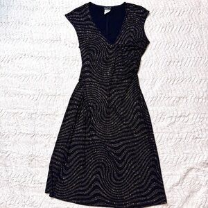 Black & Gold Glitter Wavy Pattern V-Neck A-Line Cocktail Midi Dress Y2K grail